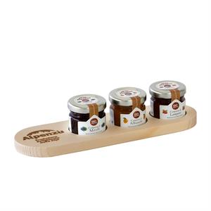 WOODEN JAR TRAY WITH 3 JARS OF FRUIT PRESERVE 28 G.