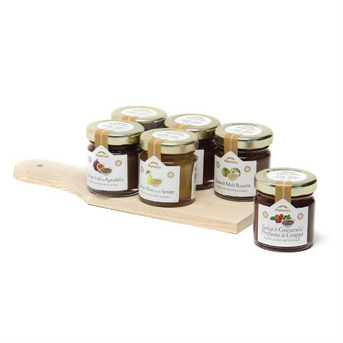 WOODEN BOARD WITH 6 JARS OF SAUCE 40 G.