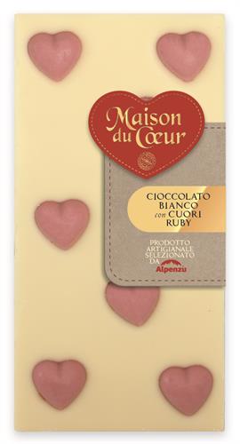 BARRE DE CHOCOLAT BLANC AVEC COEURS DE RUBIS 100 G.